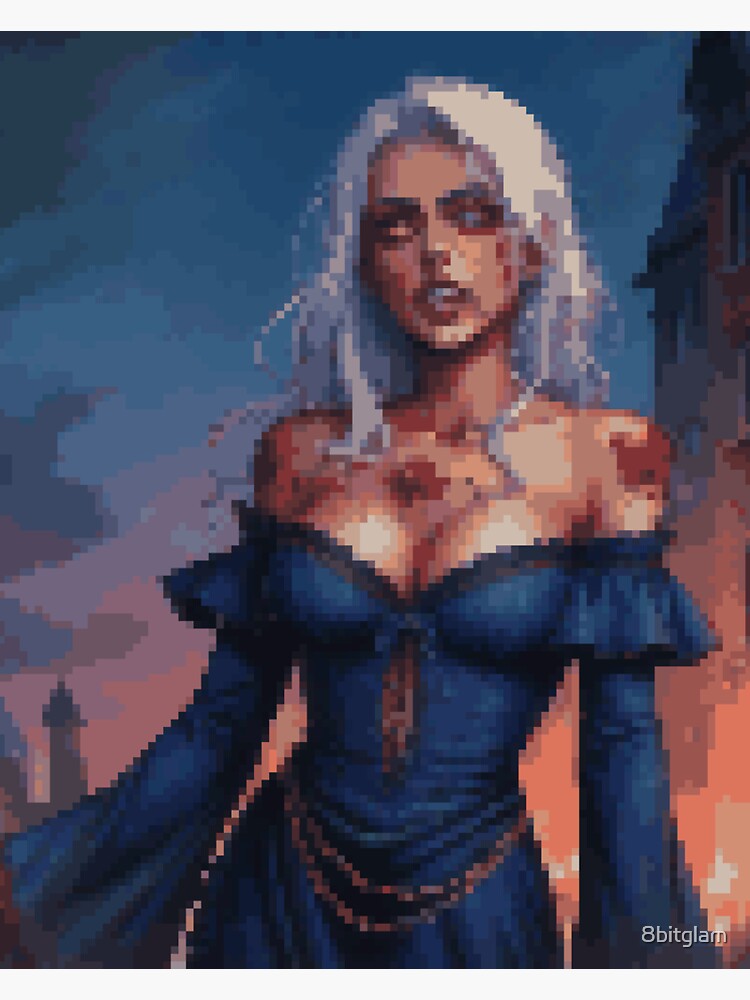 Thumbnail 3 of 3, Sticker, Horror Zombie Retro Pixel Art Blue Dress White Hair Girl designed and sold by 8bitglam.