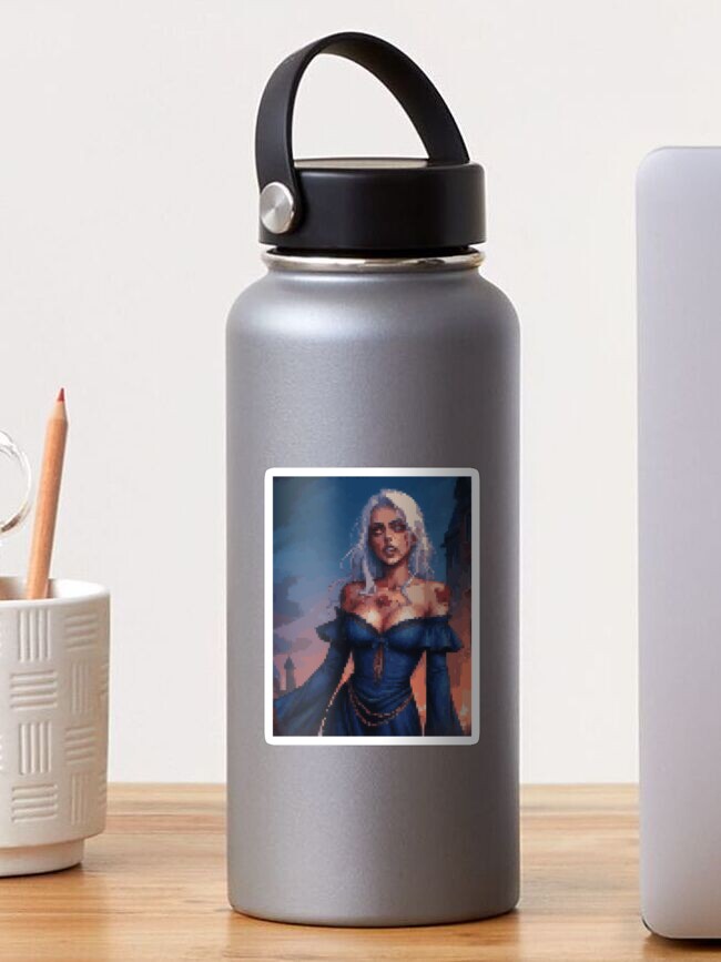 Thumbnail 1 of 3, Sticker, Horror Zombie Retro Pixel Art Blue Dress White Hair Girl designed and sold by 8bitglam.
