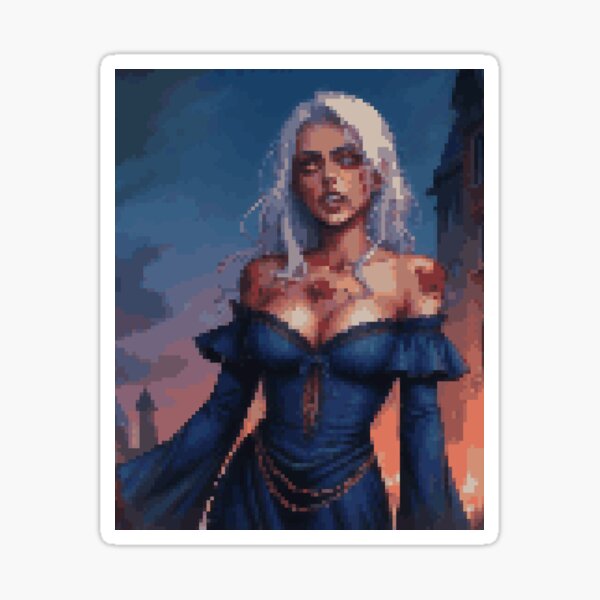 Horror Zombie Retro Pixel Art Blue Dress White Hair Girl Sticker