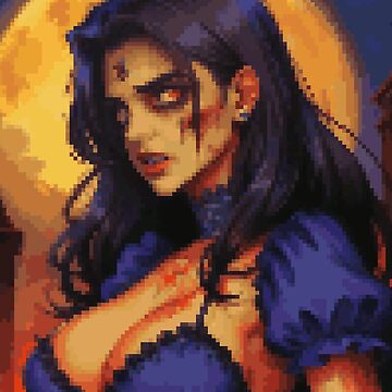 Artwork thumbnail, Horror Zombie Retro Pixel Art Full Moon Purple Dress Girl by 8bitglam