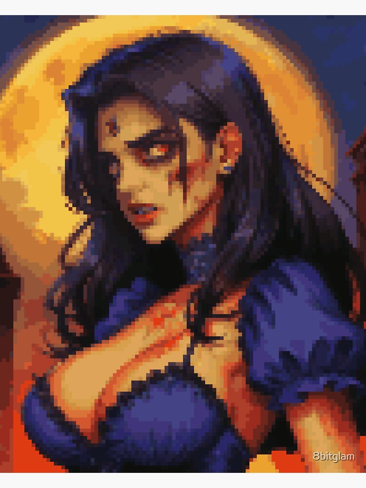 Thumbnail 3 of 3, Sticker, Horror Zombie Retro Pixel Art Full Moon Purple Dress Girl designed and sold by 8bitglam.