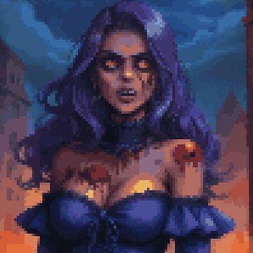 Artwork thumbnail, Horror Zombie Retro Pixel Art Blue Dress Fire Purple Hair Girl by 8bitglam