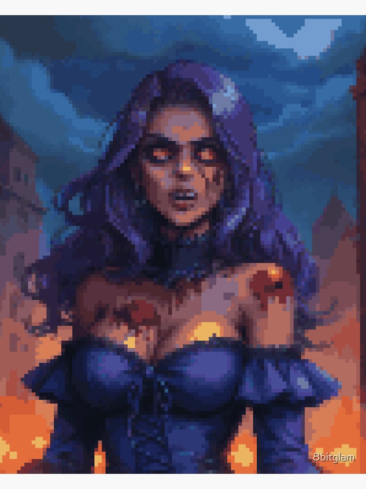 Thumbnail 3 of 3, Sticker, Horror Zombie Retro Pixel Art Blue Dress Fire Purple Hair Girl designed and sold by 8bitglam.