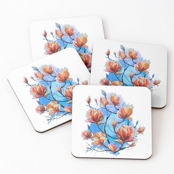 Item preview, Magnolia Floral Motif in  loose Watercolor with Blue orange and pink designed and sold by Shadesandcolor.