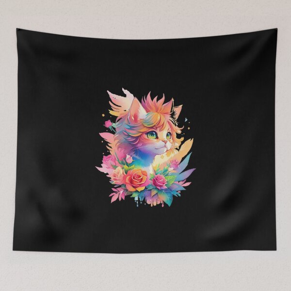 Item preview, Colorful cat with roses designed and sold by Gigglyvibes.