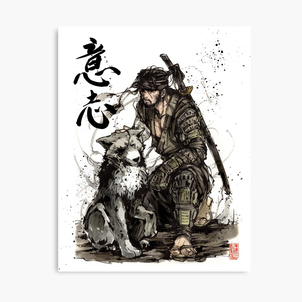 Impression Rigide Samourai Ronin Avec Son Loup A La Calligraphie Japonaise Par Mycks Redbubble