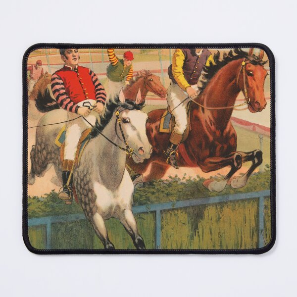 Item preview, STK501822A-Vintage circus poster of jockeys on horses jumping a hedge. designed and sold by StocktrekImages.