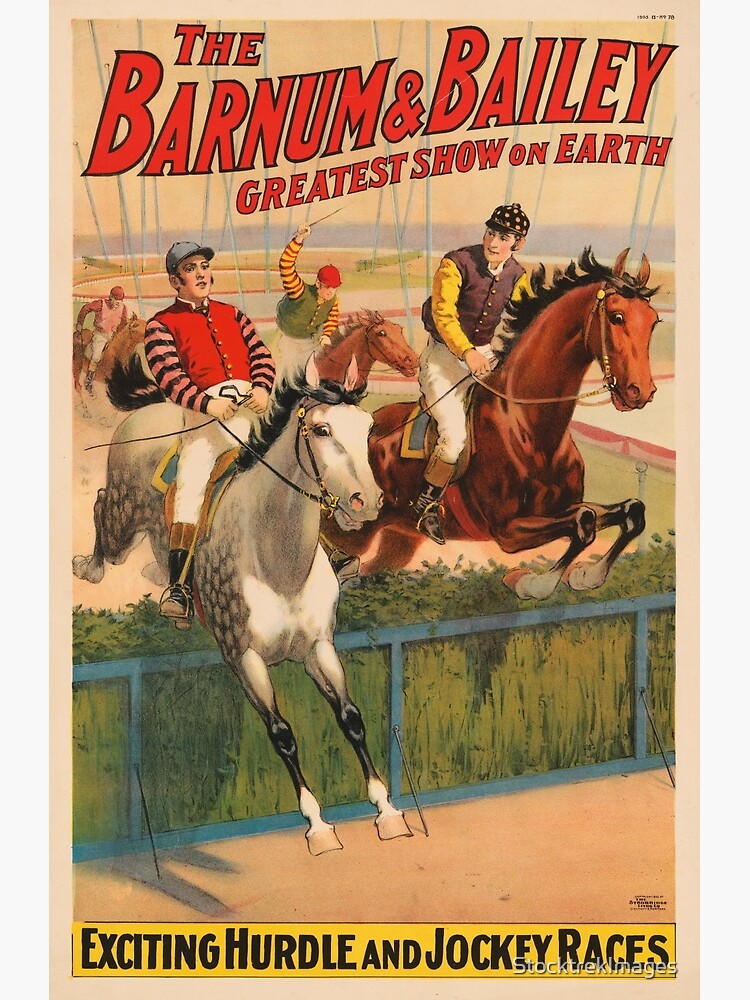 STK501822A-Vintage circus poster of jockeys on horses jumping a