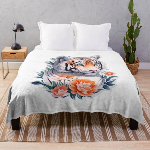 Item preview, White Tiger in the bushes with Watercolor Flowers designed and sold by YourNameMatters.