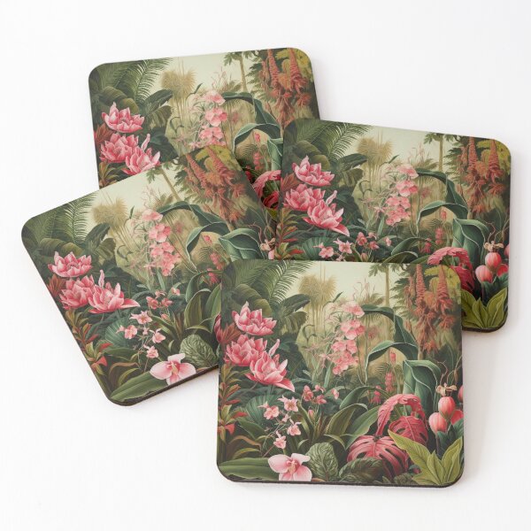 Item preview, The Botanical Series - illustrative scene of a tropical landscape displaying pink flowers and lush green leaves designed and sold by Adriano Carrideo.
