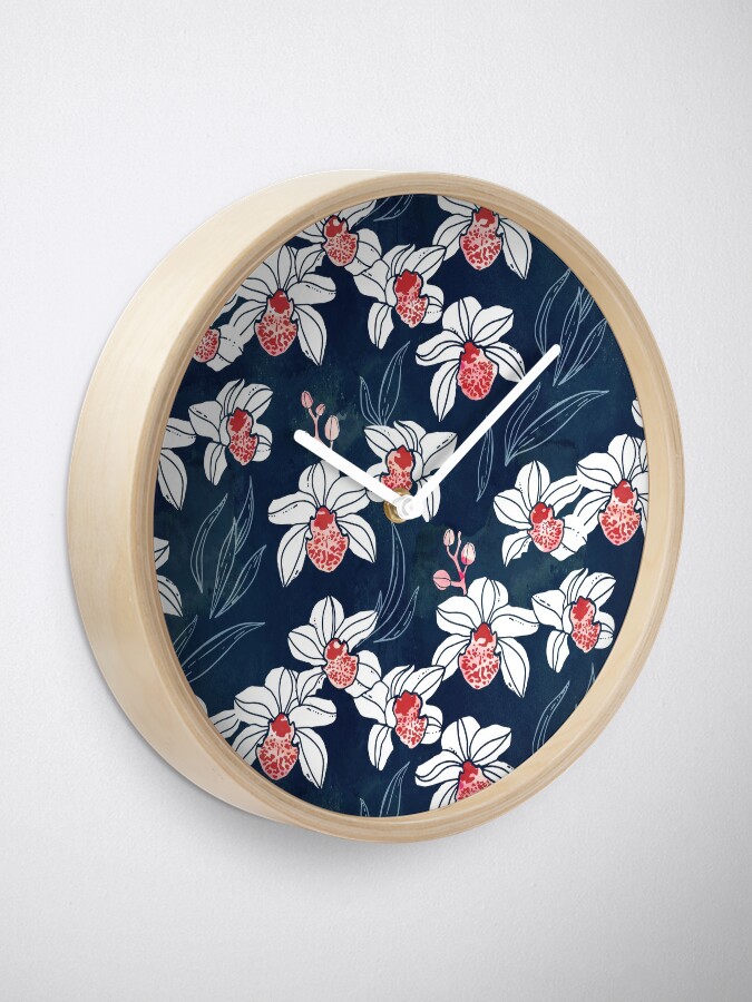 Alternate view of Orchid garden in white and peach on navy blue Clock