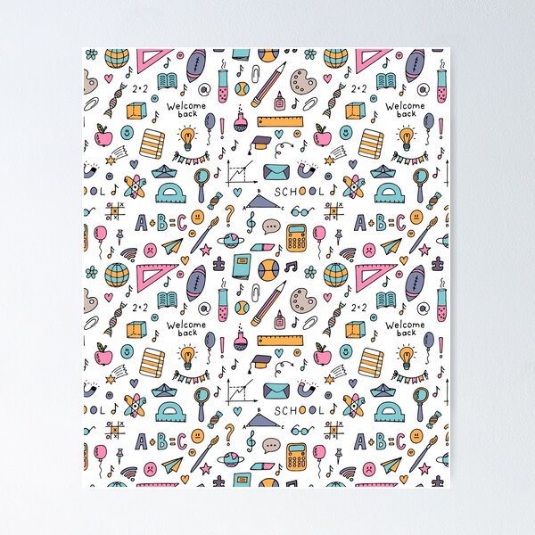 Kawaii Back to School Supplies Doodle Pattern Poster for Sale by