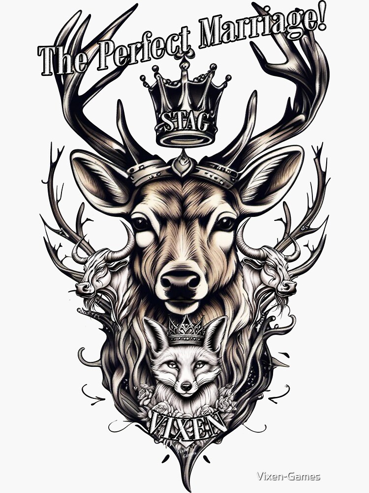 Thumbnail 3 of 3, Sticker, The Perfect Marriage Stag Vixen and Bulls designed and sold by Vixen-Games.
