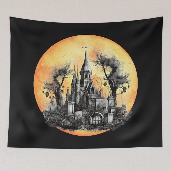 Item preview, haunted house, yellow moon haunted cemetery  designed and sold by Janetlousart.