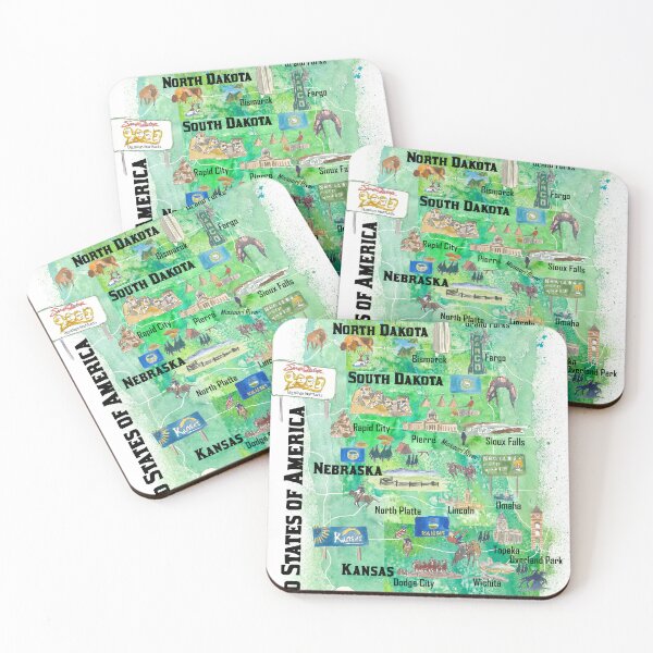 Item preview, Nebraska Kansas and The Dakotas Illustrated USA Travel Map designed and sold by artshop77.