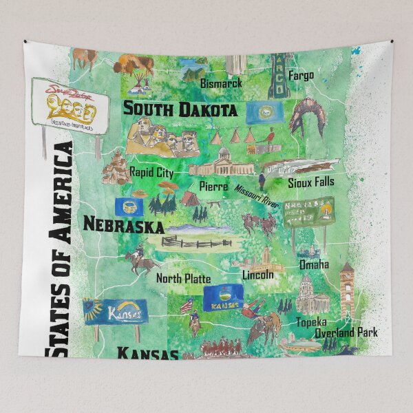 Item preview, Nebraska Kansas and The Dakotas Illustrated USA Travel Map designed and sold by artshop77.