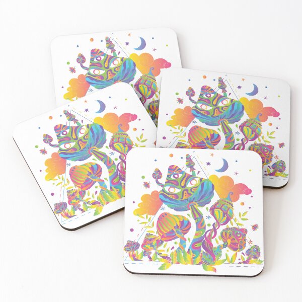 Item preview, trippy mushroom composition with dark background and neon colored leaves designed and sold by aggvinquoterl.