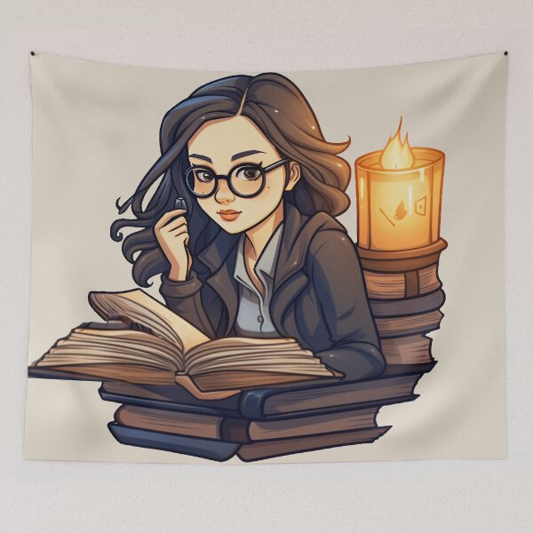Item preview, Bright Beautiful Bookworm Scholarly Asian Girl in a Stack of Books Light Academia Smart Girl Magic Study Buddy designed and sold by Vicki Noble Art.