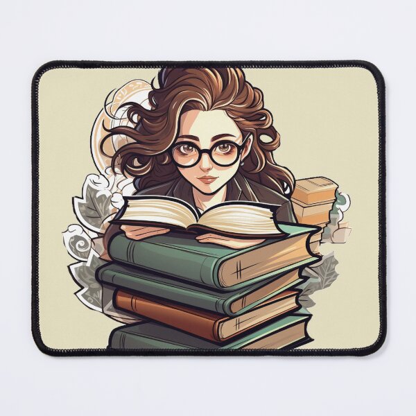 Item preview, Bemused Beautiful Bespectacled Bookworm Scholarly Girl in a Stack of Books Light Academia Smart Girl Magic Study Buddy designed and sold by Vicki Noble Art.