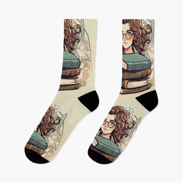 Item preview, Bold Beautiful Bespectacled Bookworm Scholarly Girl in a Stack of Books Light Academia Smart Girl Magic Study Buddy designed and sold by Vicki Noble Art.