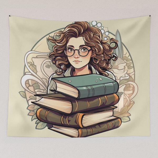 Item preview, Bold Beautiful Bespectacled Bookworm Scholarly Girl in a Stack of Books Light Academia Smart Girl Magic Study Buddy designed and sold by Vicki Noble Art.