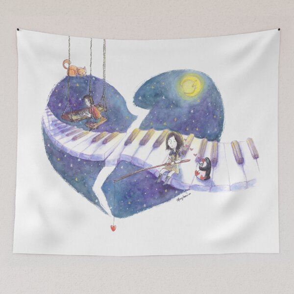 Item preview, Girl fishing for love from piano keys across a broken heart-shaped night sky designed and sold by PenguinGirl-Art.
