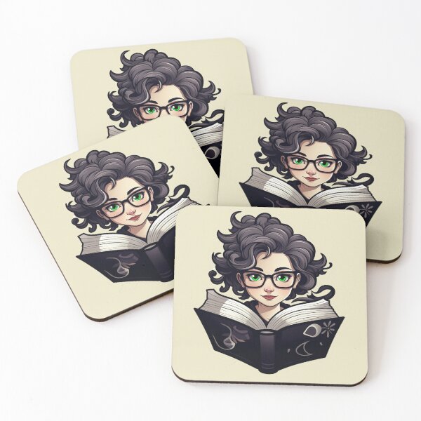 Item preview, Beautiful Bewitching Bookworm Scholarly Green Eyed Girl in Glasses with a Grimoire Book of Shadows Light Academia Dark Academia Smart Girl Magic Study Buddy designed and sold by Vicki Noble Art.