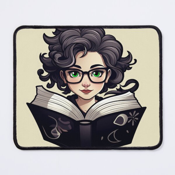 Item preview, Beautiful Bewitching Bookworm Scholarly Green Eyed Girl in Glasses with a Grimoire Book of Shadows Light Academia Dark Academia Smart Girl Magic Study Buddy designed and sold by Vicki Noble Art.