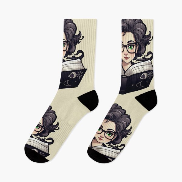 Item preview, Beautiful Bewitching Bookworm Scholarly Green Eyed Girl in Glasses with a Grimoire Book of Shadows Light Academia Dark Academia Smart Girl Magic Study Buddy designed and sold by Vicki Noble Art.