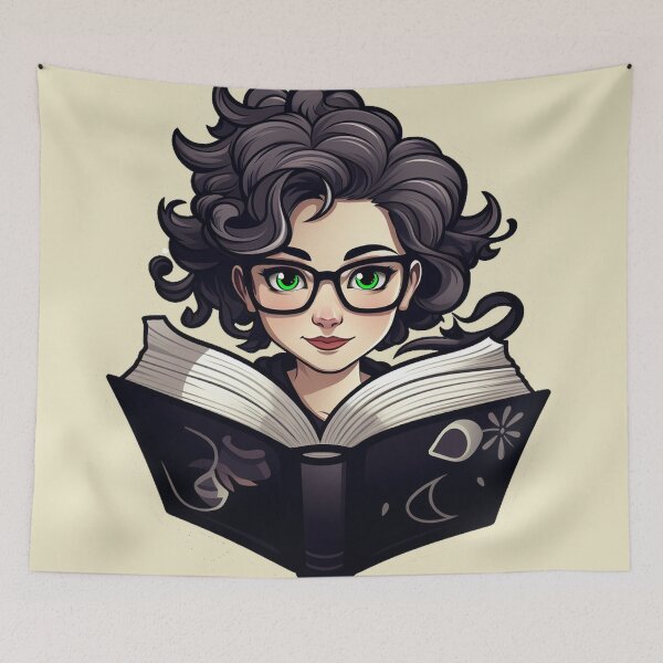 Item preview, Beautiful Bewitching Bookworm Scholarly Green Eyed Girl in Glasses with a Grimoire Book of Shadows Light Academia Dark Academia Smart Girl Magic Study Buddy designed and sold by Vicki Noble Art.