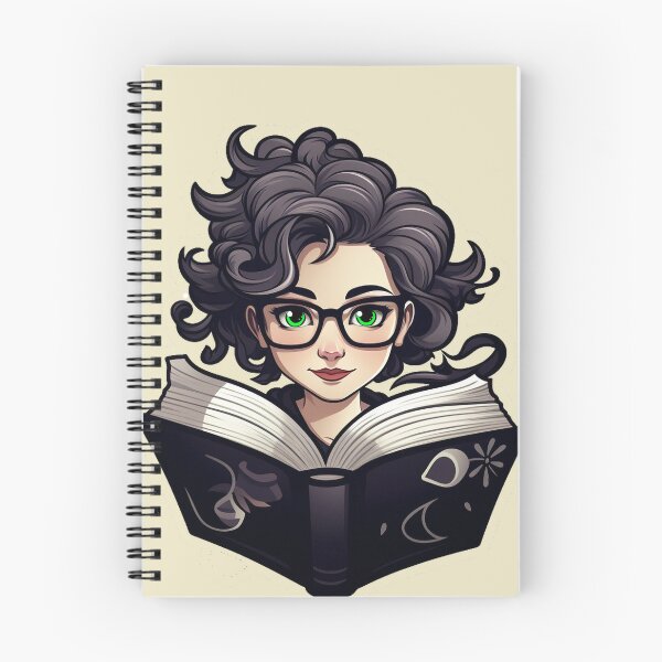 Item preview, Beautiful Bewitching Bookworm Scholarly Green Eyed Girl in Glasses with a Grimoire Book of Shadows Light Academia Dark Academia Smart Girl Magic Study Buddy designed and sold by Vicki Noble Art.
