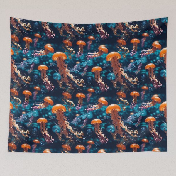 Item preview, Jellyfish Serenade: Colorful Oceanic Beauty on Blue #2 designed and sold by Electric-Easel.