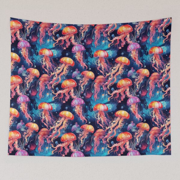 Item preview, Jellyfish Serenade: Colorful Oceanic Beauty on Blue #4 designed and sold by Electric-Easel.