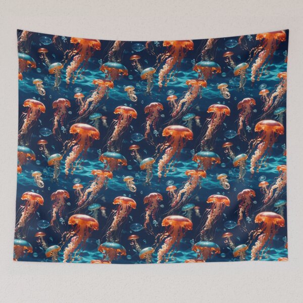 Item preview, Jellyfish Serenade: Colorful Oceanic Beauty on Blue #5 designed and sold by Electric-Easel.