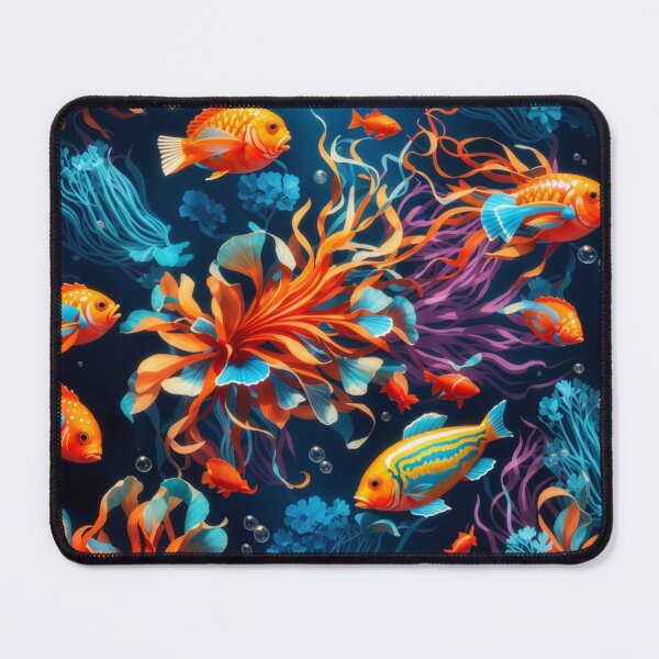 Item preview, Marine Mosaic: Vibrant Fish and Colorful Jellyfish on Dark Blue #1 designed and sold by Electric-Easel.