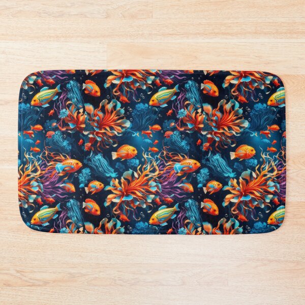 Item preview, Marine Mosaic: Vibrant Fish and Colorful Jellyfish on Dark Blue #1 designed and sold by Electric-Easel.