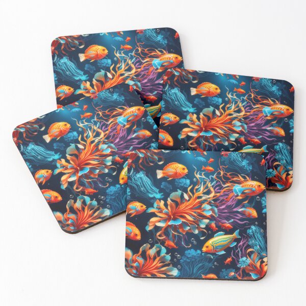 Item preview, Marine Mosaic: Vibrant Fish and Colorful Jellyfish on Dark Blue #1 designed and sold by Electric-Easel.