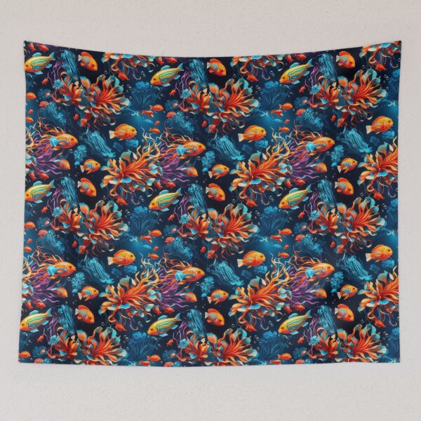 Item preview, Marine Mosaic: Vibrant Fish and Colorful Jellyfish on Dark Blue #1 designed and sold by Electric-Easel.