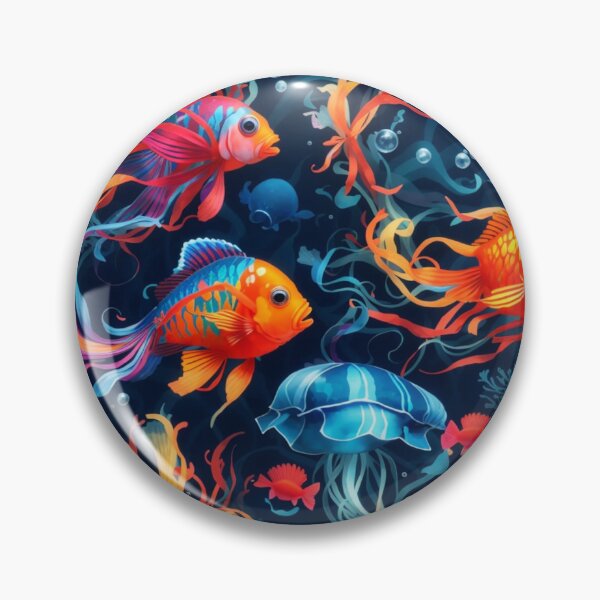 Item preview, Marine Mosaic: Vibrant Fish and Colorful Jellyfish on Dark Blue #2 designed and sold by Electric-Easel.
