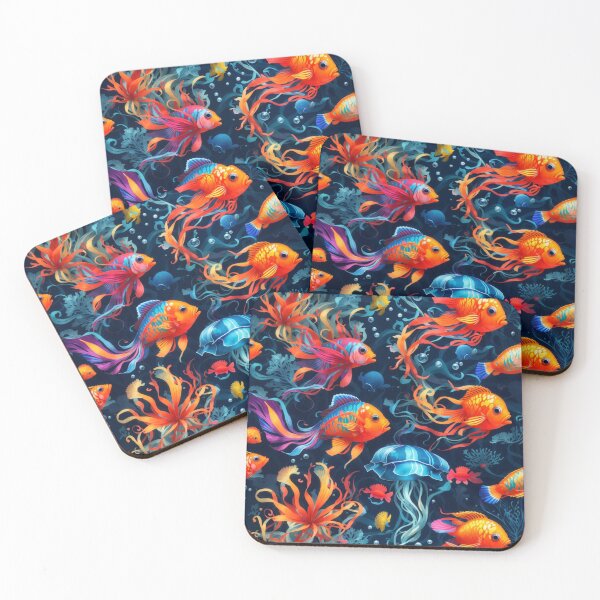Item preview, Marine Mosaic: Vibrant Fish and Colorful Jellyfish on Dark Blue #2 designed and sold by Electric-Easel.