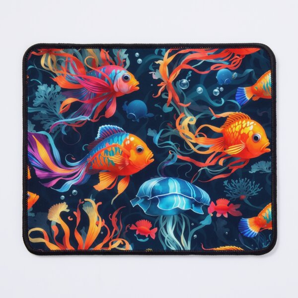 Item preview, Marine Mosaic: Vibrant Fish and Colorful Jellyfish on Dark Blue #2 designed and sold by Electric-Easel.