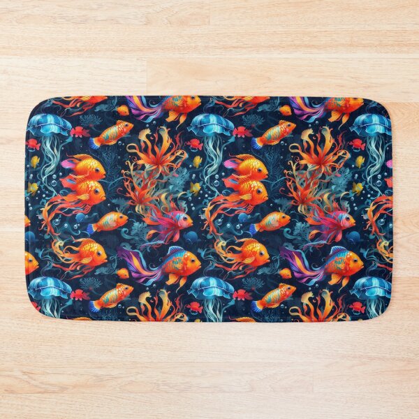Item preview, Marine Mosaic: Vibrant Fish and Colorful Jellyfish on Dark Blue #2 designed and sold by Electric-Easel.