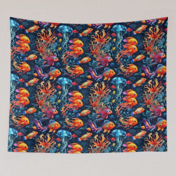 Item preview, Marine Mosaic: Vibrant Fish and Colorful Jellyfish on Dark Blue #2 designed and sold by Electric-Easel.