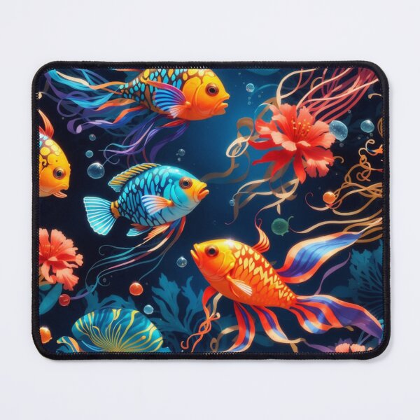 Item preview, Marine Mosaic: Vibrant Fish and Colorful Jellyfish on Dark Blue #3 designed and sold by Electric-Easel.