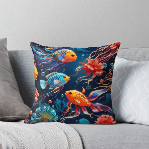 Item preview, Marine Mosaic: Vibrant Fish and Colorful Jellyfish on Dark Blue #3 designed and sold by Electric-Easel.