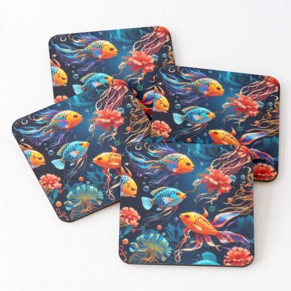 Item preview, Marine Mosaic: Vibrant Fish and Colorful Jellyfish on Dark Blue #3 designed and sold by Electric-Easel.