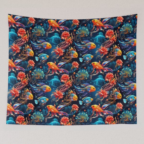 Item preview, Marine Mosaic: Vibrant Fish and Colorful Jellyfish on Dark Blue #3 designed and sold by Electric-Easel.