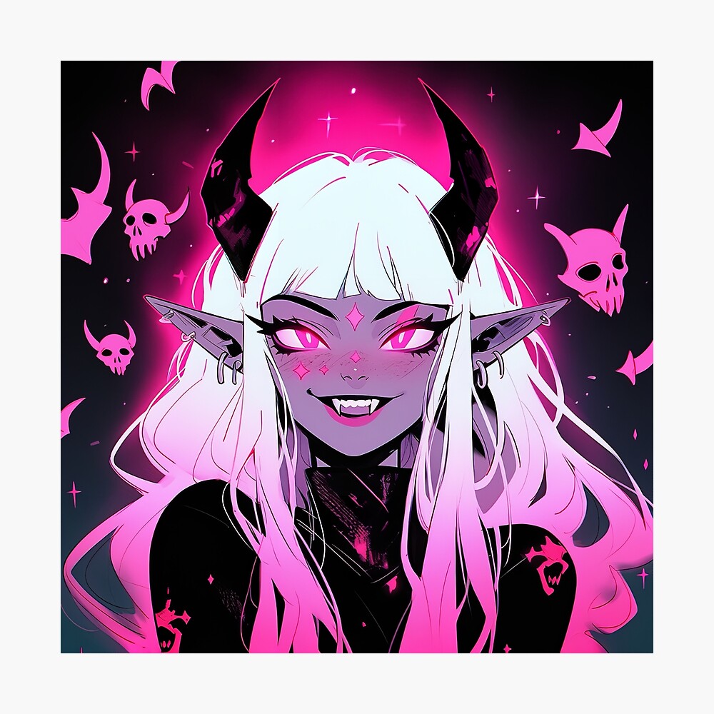 Hot Pink Demon Anime Girl and Skulls