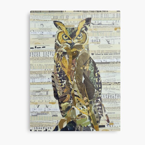 Great Horned Owl Unique Collage Art Metal Print