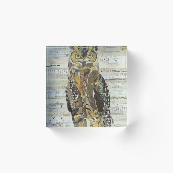 Great Horned Owl Unique Collage Art Acrylic Block